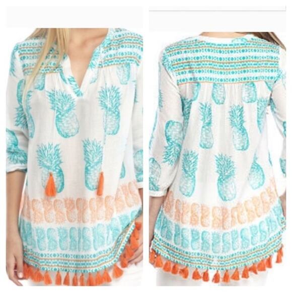 Crown & Ivy‎ Pineapple Tassel Boho Beach Coverup Tunic Top Women Size L Multi - Picture 1 of 6